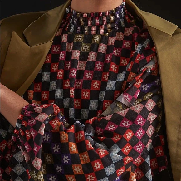 Anthropologie Farm Rio Checked High Neck Blouse - Picture 3 of 4